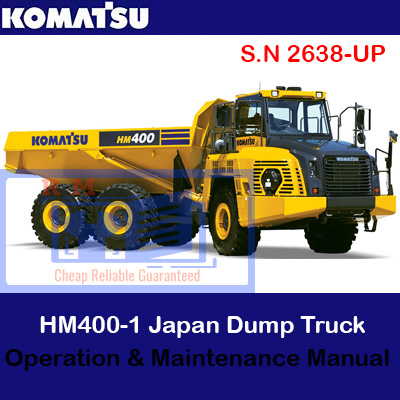 Komatsu HM400-2 dump truck operation and maintenance manual cover featuring the truck and technical illustrations