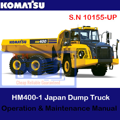 Komatsu HM400-5 dump truck manual cover displaying the vehicle and essential operational guidelines