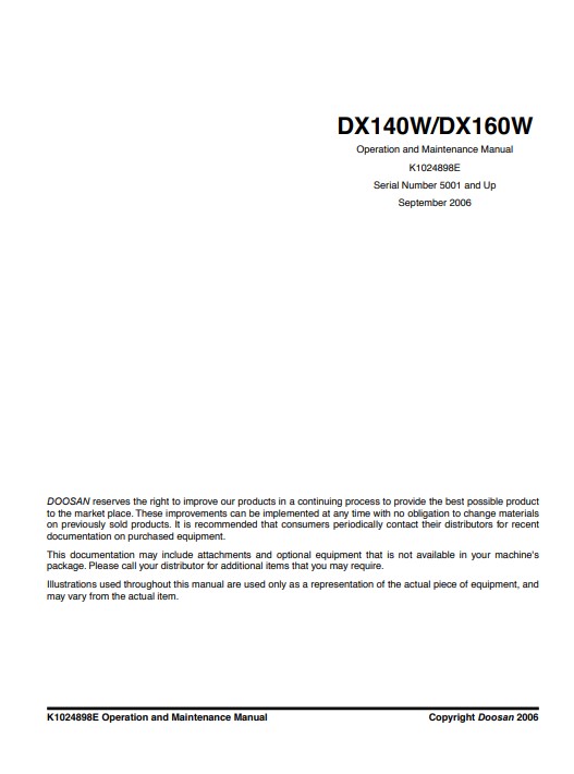 Doosan DX140W, Doosan DX160W Excavator Operation and Maintenance Manual - Image 2