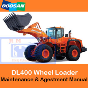 Doosan DL400 Wheel Loader maintenance and adjustments manual cover featuring the loader and technical illustrations