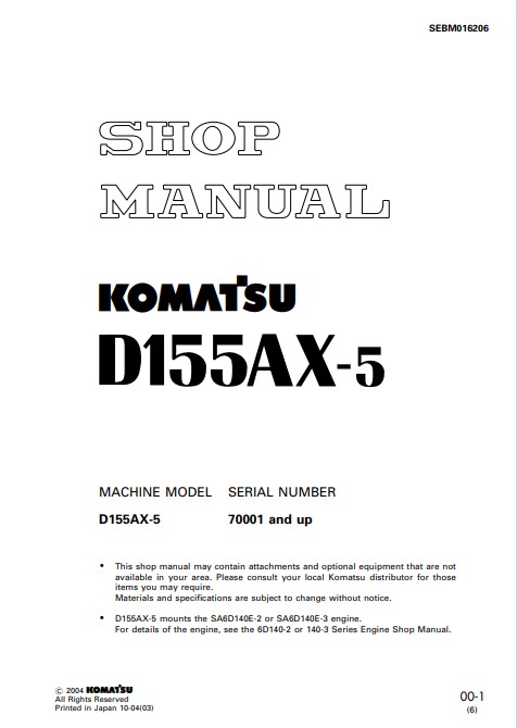 Komatsu D155AX-5 Japan Bulldozer Workshop Manual - Image 2