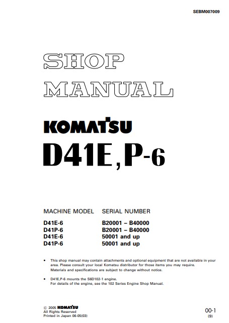 Komatsu D41E-6 , Komatsu D41P-6 Bulldozer Workshop Manual - Image 2