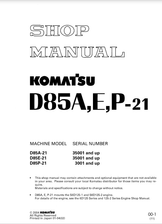 Komatsu D85A-21, Komatsu D85E-21, Komatsu D85P-21 Bulldozer Workshop Manual - Image 2