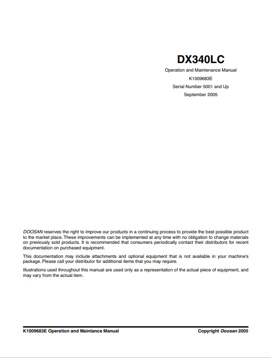 Doosan DX340LC Excavator Operation and Maintenance Manual - Image 2