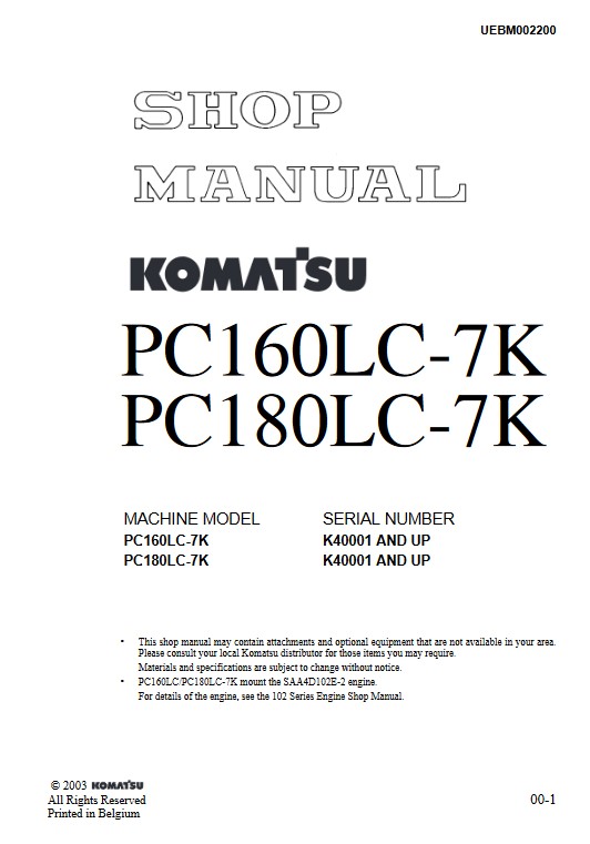 Komatsu PC160LC-7K, Komatsu PC180LC-7K Workshop Repair Manual - Image 2