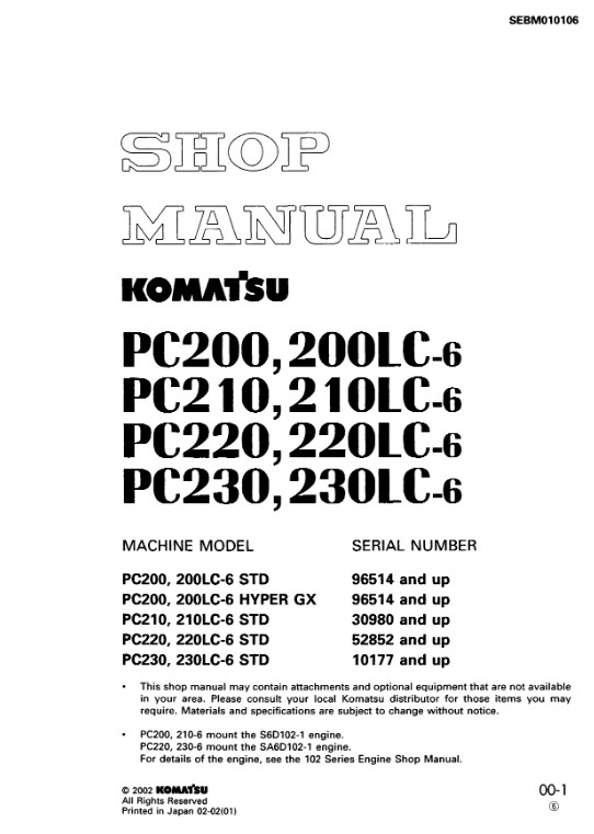 Komatsu PC200-6, Komatsu PC210-6, Komatsu PC220-6, Komatsu PC230-6 Series Workshop Repair Manual - Image 2