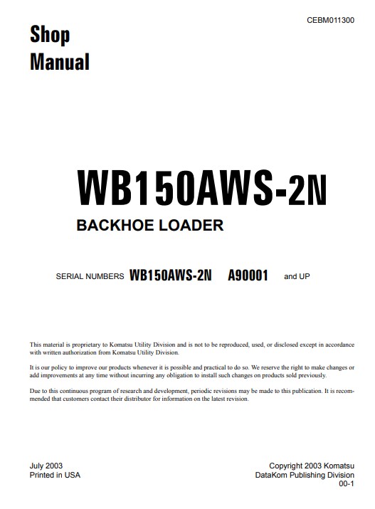 Komatsu WB150AWS-2N USA Backhoe Loader Workshop Manual - Image 2