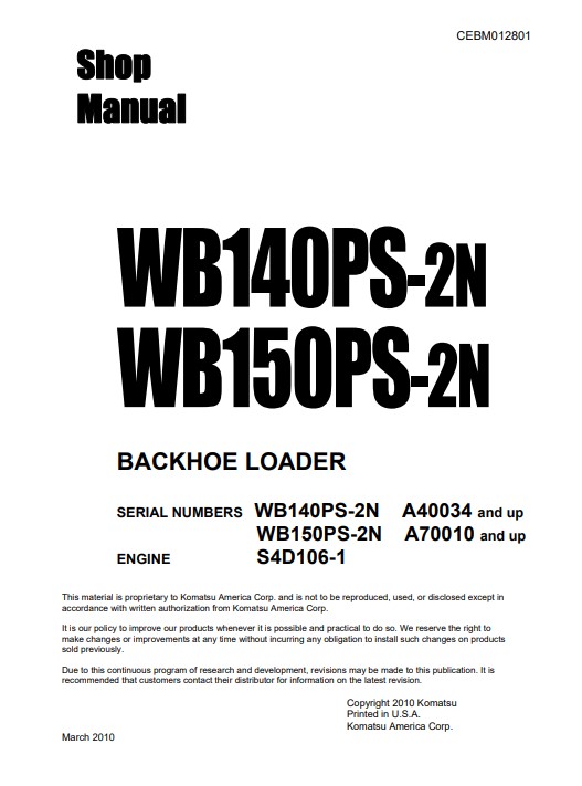 Komatsu WB140PS-2N, Komatsu WB150PS-2N USA Backhoe Loader Workshop Manual - Image 2