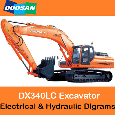 Diagrams illustrating the electrical and hydraulic systems of the Doosan DX340LC excavator for technical reference