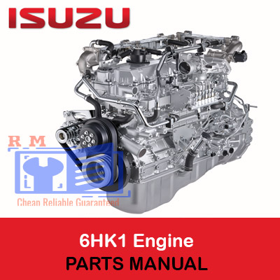 Isuzu 6HK1 engine parts catalog cover featuring detailed illustrations and part descriptions for maintenance and repair