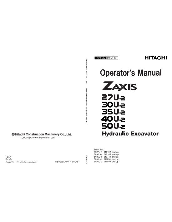 Hitachi ZX27U-2, ZX30U-2, ZX35U-2, ZX40U-2, ZX50U-2 Excavator Operator's Manual - Image 2