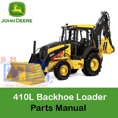 Parts catalog for John Deere 410L Backhoe Loader, featuring organized sections with images and specifications of each part