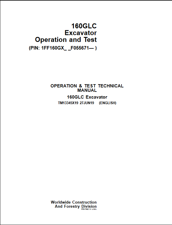 John Deere 160GLC Excavator Operation and Test Manual - Image 2