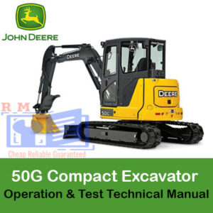 Technical manual cover for John Deere 50G Compact Excavator, detailing operation and testing procedures
