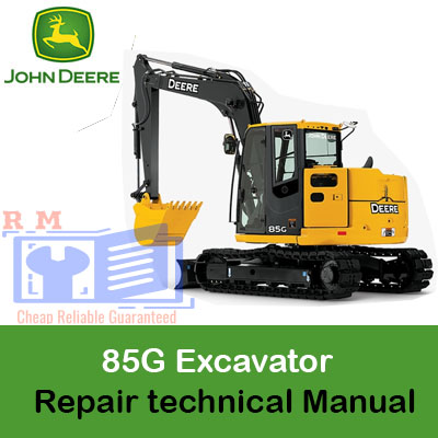 Technical manual cover for Deere 85G Excavator repair, featuring detailed diagrams and instructions for maintenance and repairs