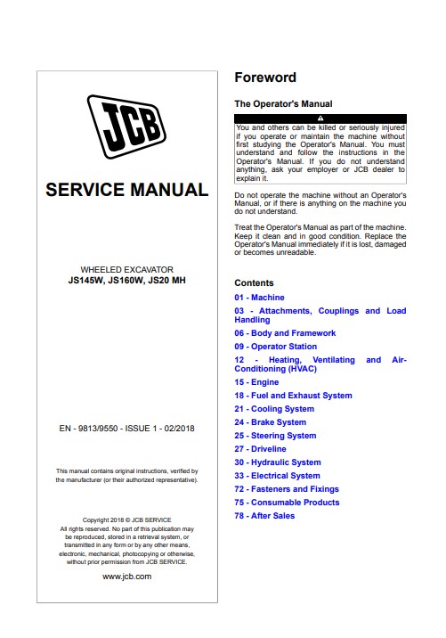 JCB JS145W, JCB JS160W, JCB JS20MH Wheeled Excavator Service Repair Manual - Image 2