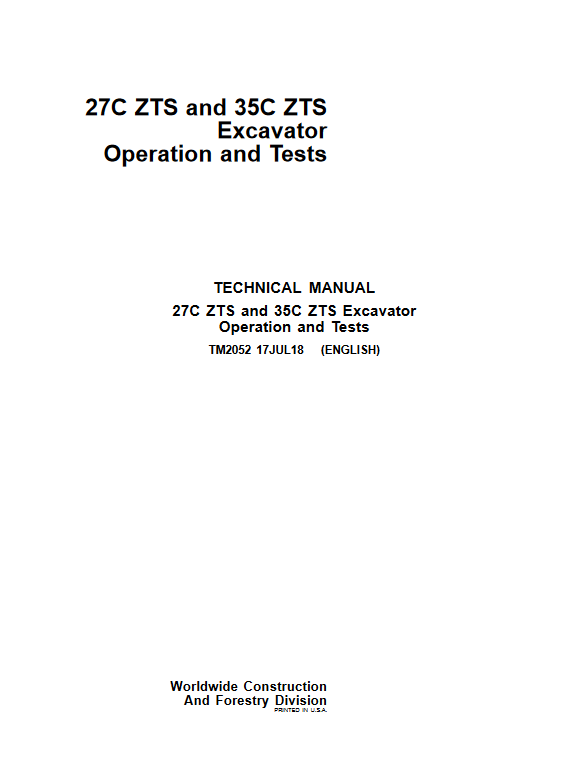 John Deere 27C ZTS and John Deere 35C ZTS Excavator Operation and Tests Manual - Image 2