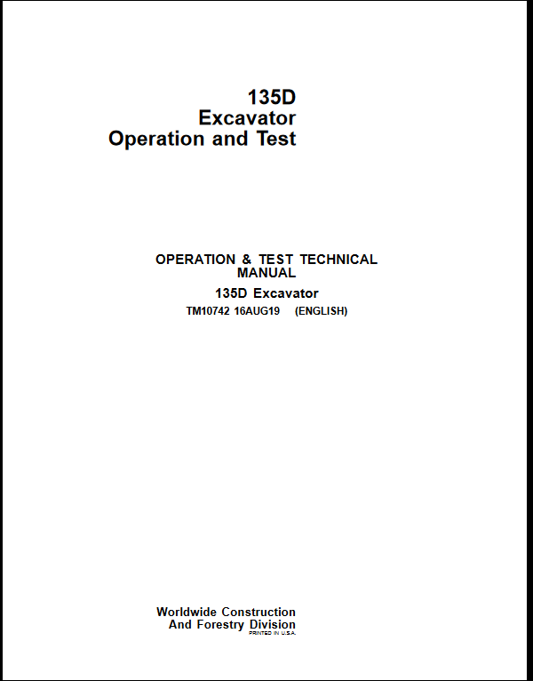 John Deere 135D Excavator Operation and Test Manual - Image 2