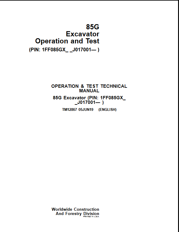 John Deere 85G Excavator Operation and Test Manual - Image 2
