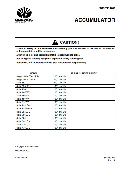 Doosan Solar 210W-V Excavator Workshop Repair Manual - Image 5