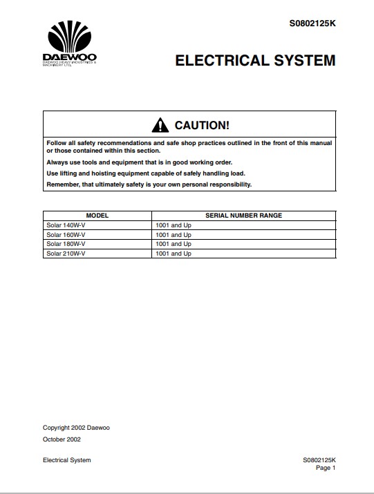 Doosan S140W-V, Doosan S160W-V, Doosan S180W-V, Doosan S210W-V Excavator Electrical Diagrams - Image 2