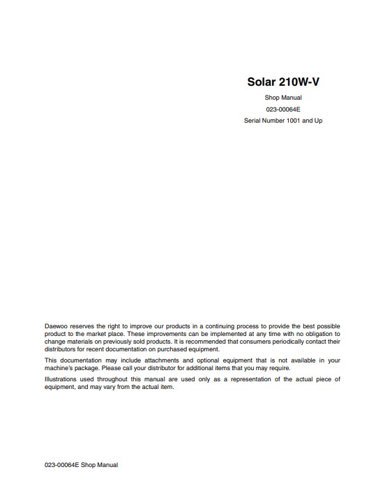 Doosan Solar 210W-V Excavator Workshop Repair Manual - Image 2