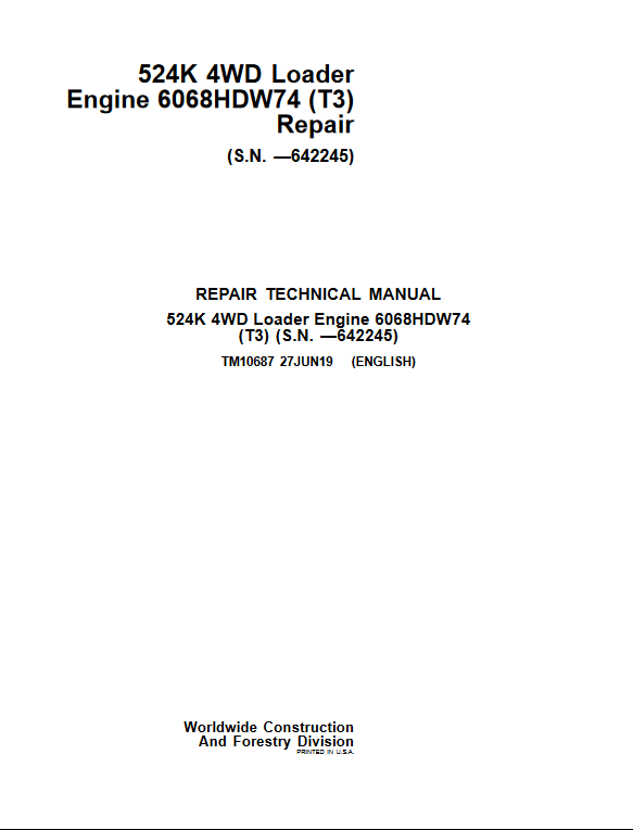 John Deere 524K 4WD Loader Engine 6068HDW74 Repair Technical Manual - Image 2