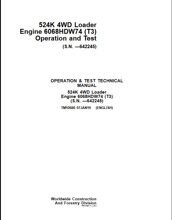 John Deere 524K 4WD Loader Engine 6068HDW74 (T3) Operation and Test Technical Manual - Image 2