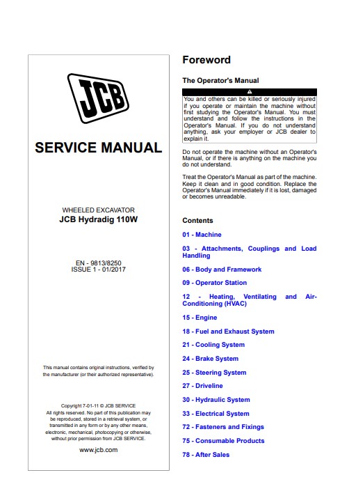 JCB 110w Hydradig Wheeled Excavator Service Repair Manual - Image 2
