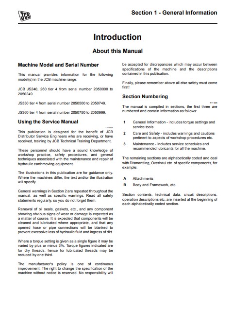 JCB JS240, JCB JS260, JCB JS330, JCB JS360 Excavator Service Repair Manual - Image 3