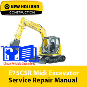 Service repair manual cover for New Holland E75Csr Excavator, featuring technical illustrations, detailed repair and maintenance instructions