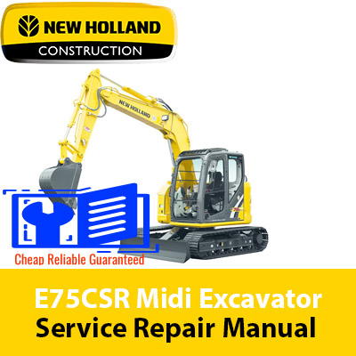 Service repair manual cover for New Holland E75Csr Excavator, featuring technical illustrations, detailed repair and maintenance instructions