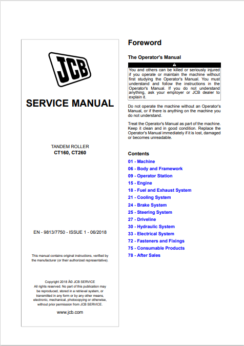 JCB CT 160 , JCB CT 260 Tandem Roller Service Repair Manual - Image 2