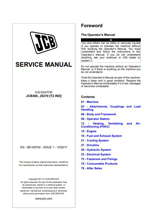 JCB JS380, JCB JS370 Excavator Service Repair Manual - Image 2