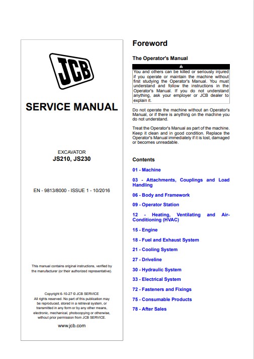 JCB JS 210 , JS 230 Excavator Service Repair Manual - Image 2