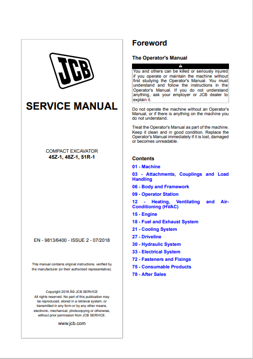 JCB 45Z-1, JCB 48Z-1, JCB 51R-1 Excavator Service Repair Manual - Image 2