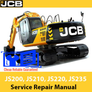 Service repair manual cover for JCB JS200, JS210, JS220, and JS235 excavators, featuring technical illustrations and details