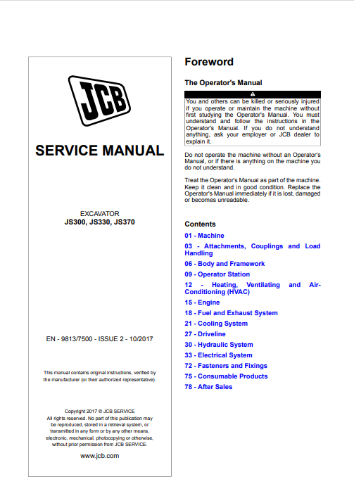 JCB JS300, JCB JS330, JCB JS370 Excavator Service Repair Manual - Image 2