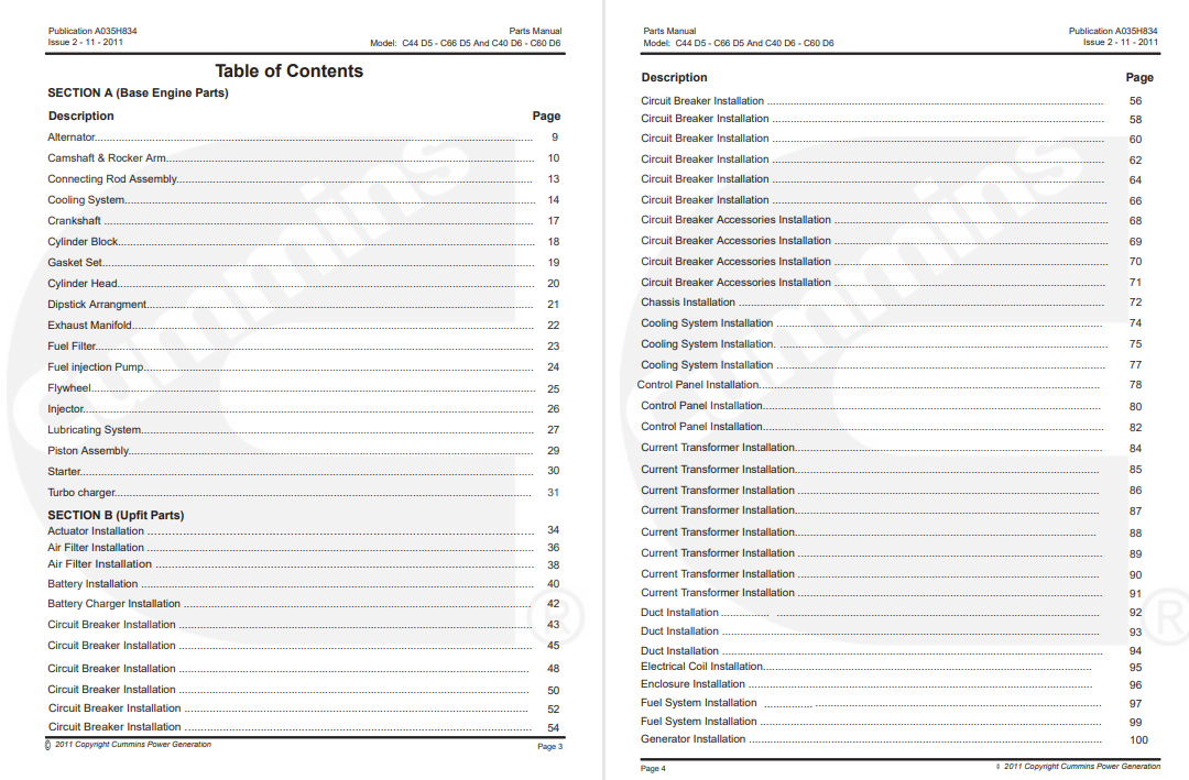 Cummins Generator Set C44 , C55 , C66 , C40 , C50 , C60 Parts Manual - Image 3