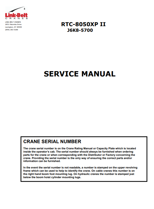 Link Belt RTC-8050XP II (J6K8-5700) Crane Service Repair Manual - Image 2