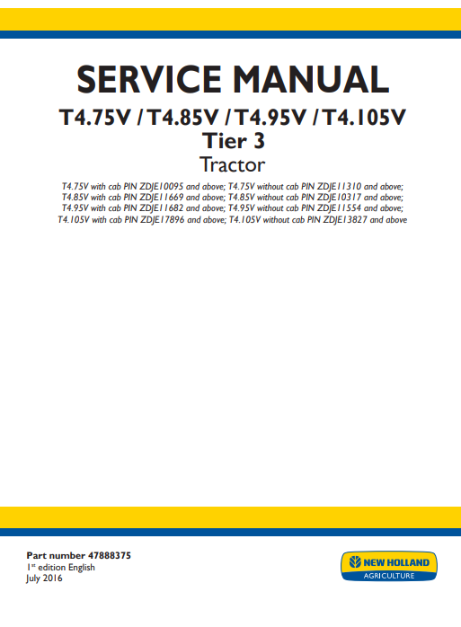New Holland T4.75V, T4.85V, T4.95V, T4.105V Tier 3 Tractor Service Repair Manual - Image 2