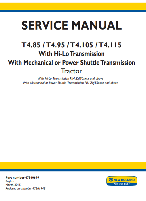 New Holland T4.85, T4.95, T4.105, T4.115 Tractor Service Repair Manual - Image 2