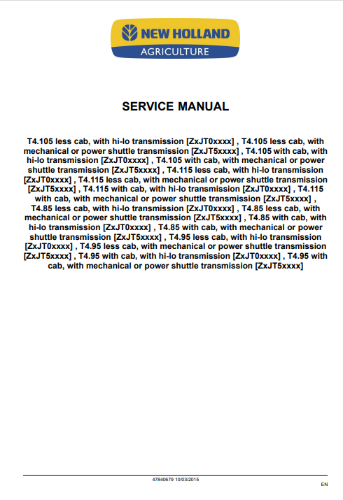 New Holland T4.85, T4.95, T4.105, T4.115 Tractor Service Repair Manual - Image 3