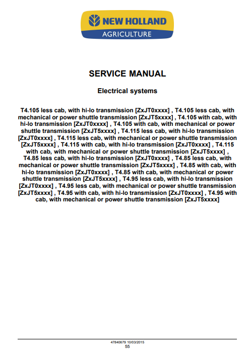 New Holland T4.85, T4.95, T4.105, T4.115 Tractor Service Repair Manual (Electrical systems Wire harnesses) - Image 3