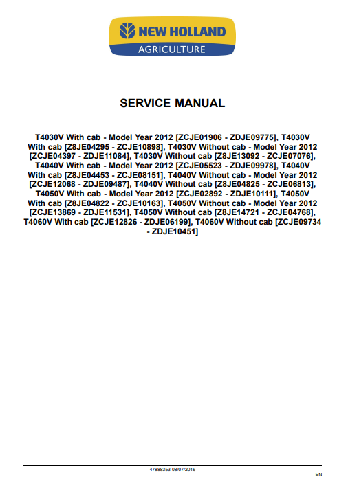 New Holland T4030V, T4040V, T4050V, T4060V Tractor Service Repair Manual - Image 3