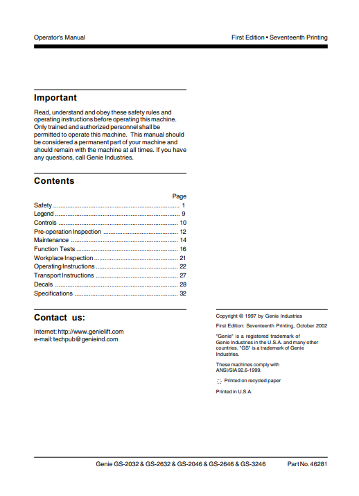 Genie GS2032, Genie GS2632, Genie GS2046, Genie GS2646, Genie GS3246 Operator’s Manual - Image 3