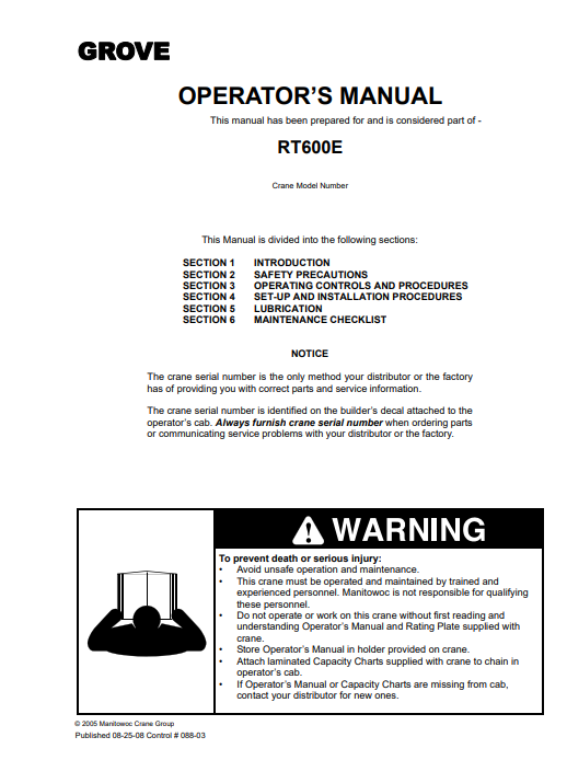 Grove RT600E Crane Operator's Manual - Image 2