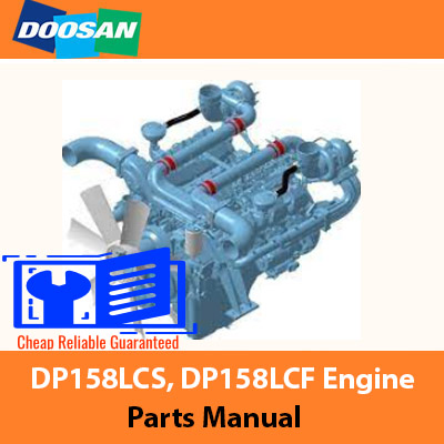 Doosan DP158LCS and DP158LCF engine parts manual cover, featuring detailed diagrams and specifications for parts