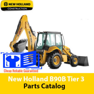 Parts catalog for New Holland B90B Backhoe Loader, showcasing diagrams and specifications for various components