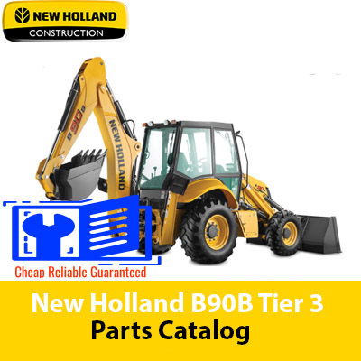 Parts catalog for New Holland B90B Backhoe Loader, showcasing diagrams and specifications for various components
